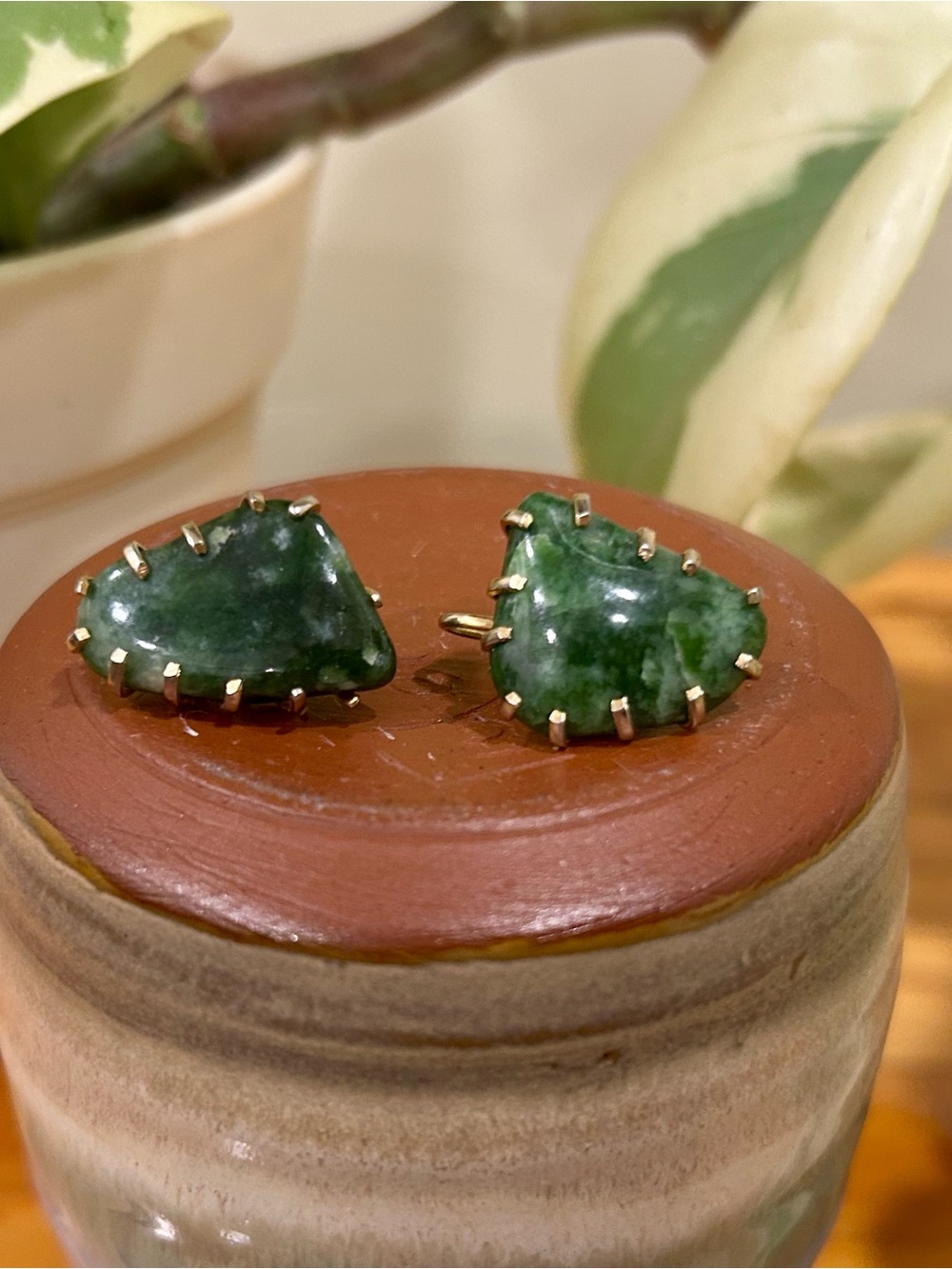 Vintage Art Deco Gold-Prong Green Jade Teardrop Stud Earrings